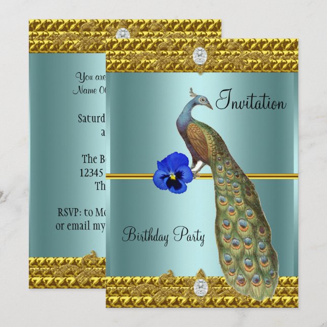 Unique and Elegant Gold  and  Peacock Invitation (Front/Back)