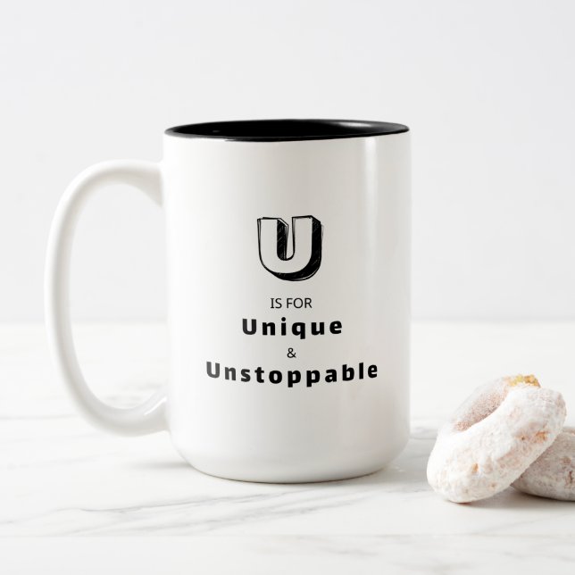 Unique and Unstoppable U - Personalized Luxury Two-Tone Coffee Mug (With Donut)