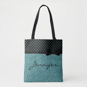Unique Aqua Glitter Black Polka Dots Personalized Tote Bag
