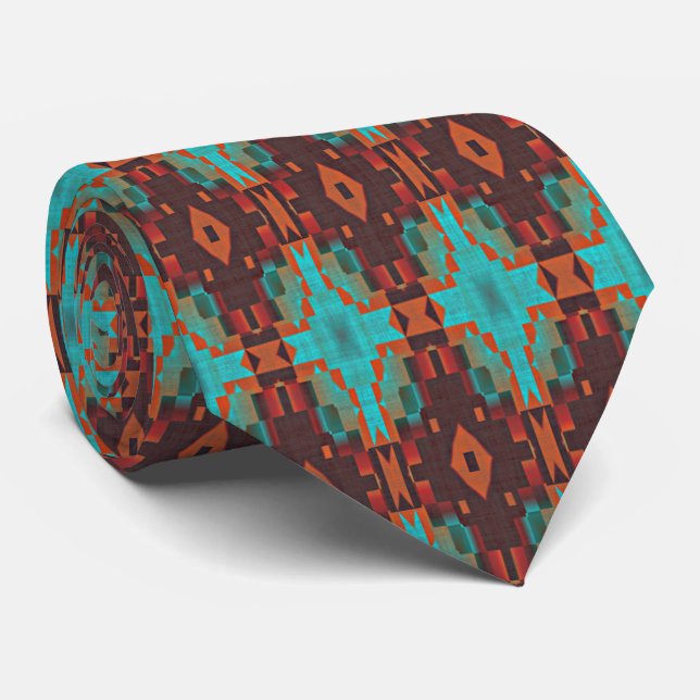 Unique Aqua Teal Blue Green Orange Brown Tribal Tie (Rolled)
