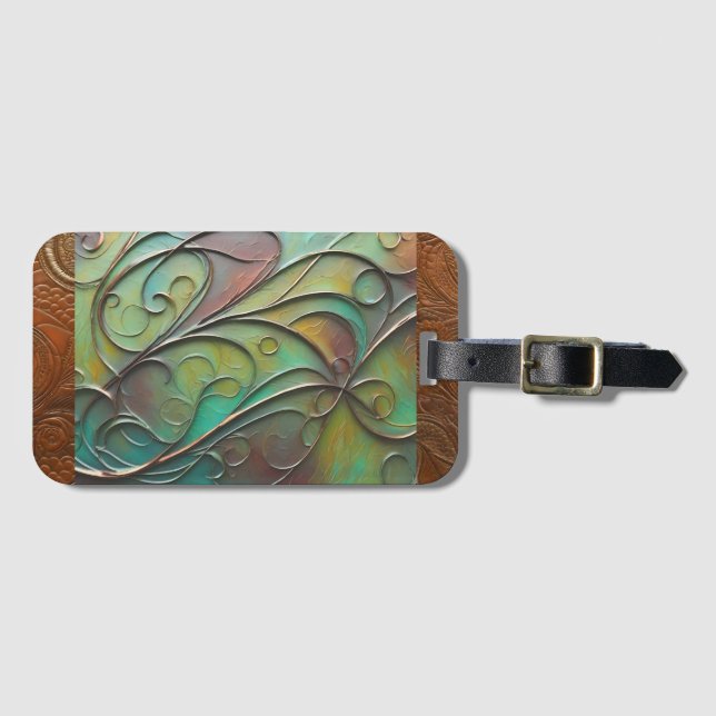 Unique artisan patina leather look luggage tag (Front Horizontal)