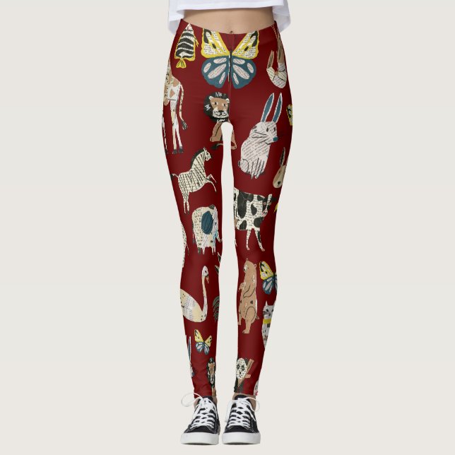 Unique artwork Paper craft Animals Newspaper  Leggings (Front)