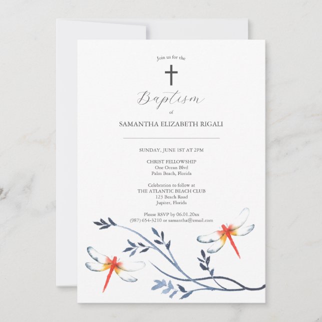 Unique Baptism Invitations Red Dragonfly (Front)