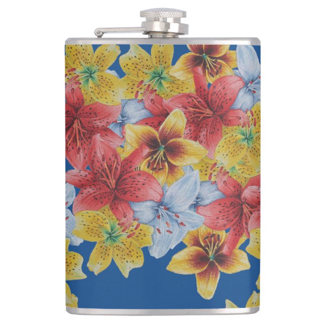 unique big and bold colourful flowers floral hip flask (Front)