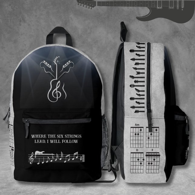 Unique Black and Grey Rock Guitar Treble Clef Printed Backpack (Unique electric guitar design black & gray bag for the rockstar music lover)