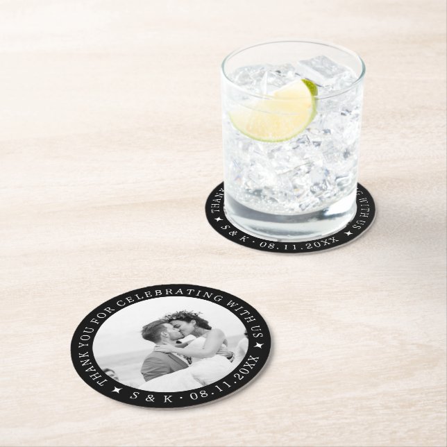 Unique Black and White Custom Wedding Photo Round Paper Coaster (Insitu)