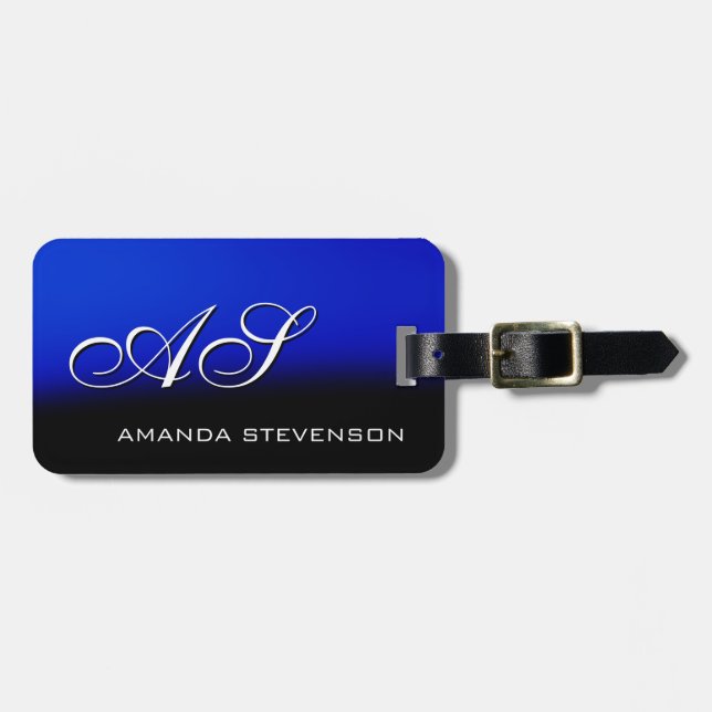Unique Black Blue White Script Monogram Bag Tag (Front Horizontal)