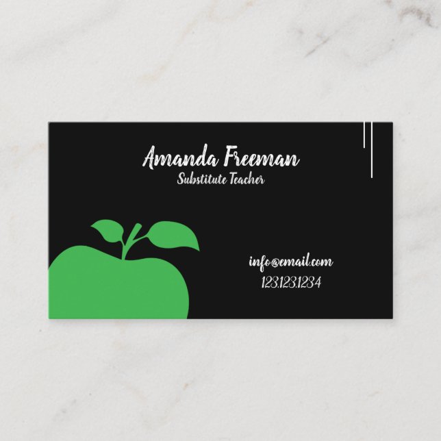 Unique Black Chalkboard Apple Substitute Teacher Business Card (Front)