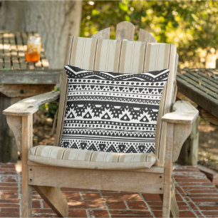 Unique Black Cream Ivory Zigzag Stripes Tribal Art Outdoor Pillow