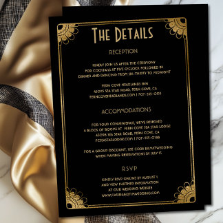 Unique Black Gold Art Deco Floral Wedding Details Enclosure Card