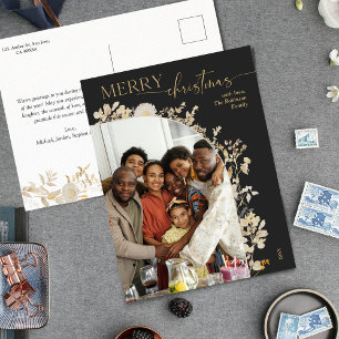Unique Black Gold Script Arch Photo Christmas Holiday Postcard