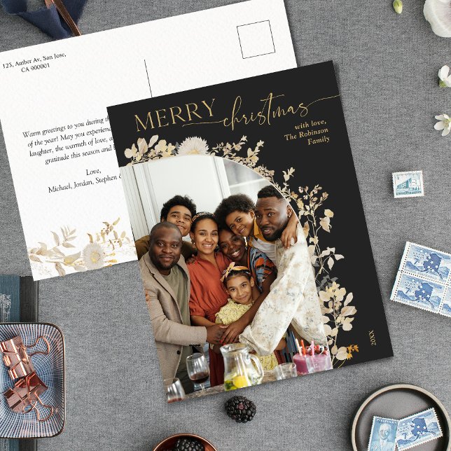 Unique Black Gold Script Arch Photo Christmas Holiday Postcard (Creator Uploaded)