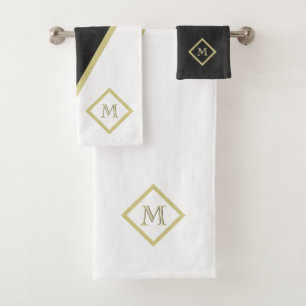 Unique Black Leather Look Gold Custom Monogram  Bath Towel Set