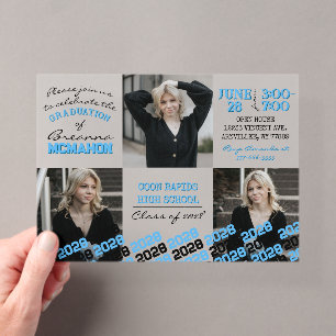 Unique Black & Light Blue Graduation 3 Photo Acrylic Invitations