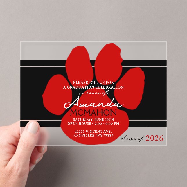 Unique Black & Red Graduation Pawprint Elegant Acrylic Invitations (Insitu (Handheld))