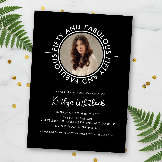 Unique Black White 50 and Fabulous 50th Birthday Invitation (modern black and white girly geometric 50 and fabulous 50th birthday party invitation)
