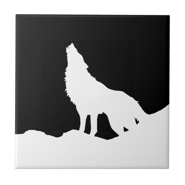 Unique Black & White Pop Art Wolf Silhouette Tile (Front)