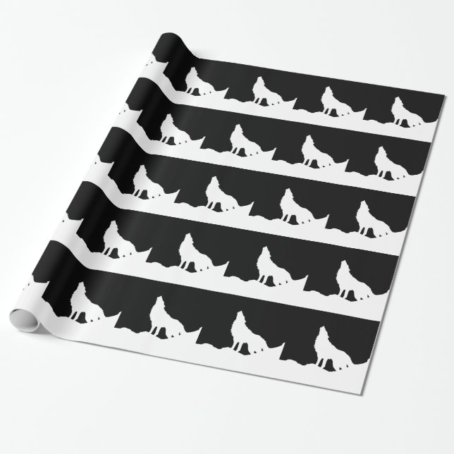 Unique Black & White Pop Art Wolf Silhouette Wrapping Paper (Unrolled)