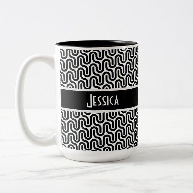 Unique Black & White Retro Pattern Personalized Two-Tone Coffee Mug (Left)