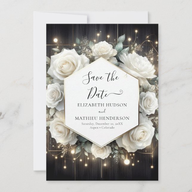 Unique Bloom White Roses Wedding Save The Date (Front)