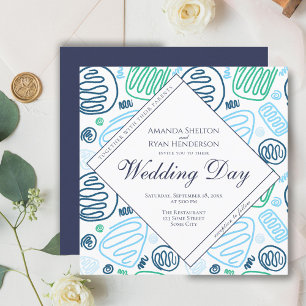 Unique Blue Abstract One Line Art Wedding  Invitation