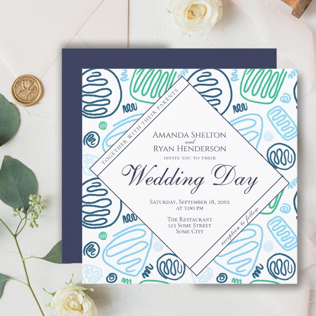 Unique Blue Abstract One Line Art Wedding  Invitation (Creator Uploaded)