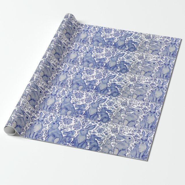 Unique Blue Bunny Rabbit Floral Animal Pattern Wrapping Paper (Unrolled)