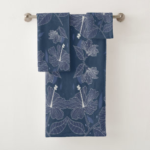 Unique Blue Floral Pattern Hibiscus Flowers Bath Towel Set