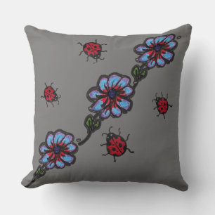 Unique Blue flowers and lady bugs Throw Pillow