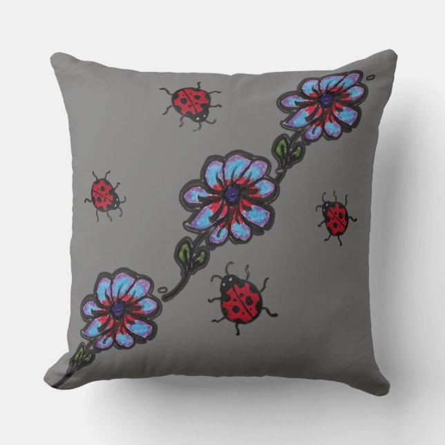 Unique Blue flowers and lady bugs Throw Pillow (Front)