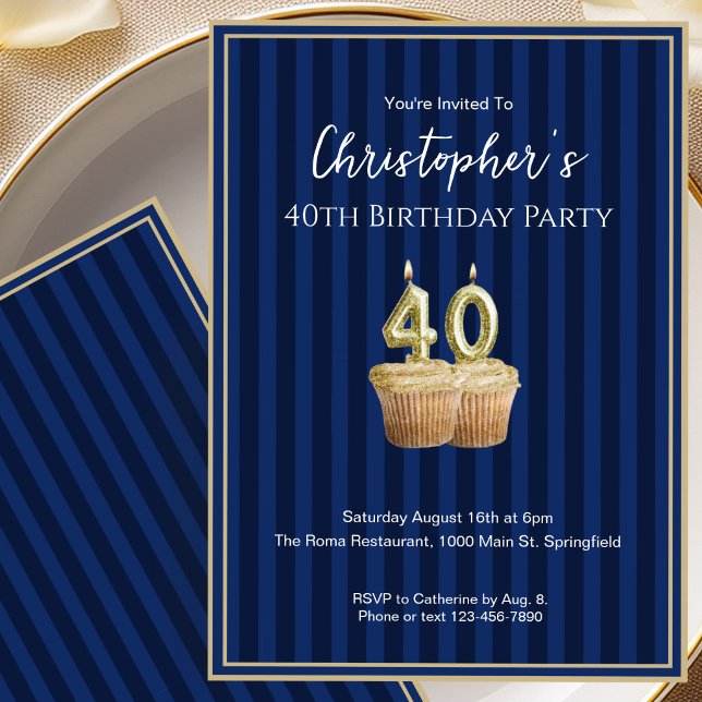 Unique Blue Gold 40th Birthday Invitation For Him (Creator Uploaded)