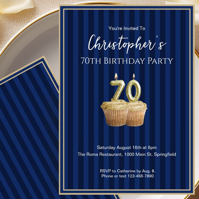 Unique Blue Gold 70th Birthday Invitation For Him (Creator Uploaded)