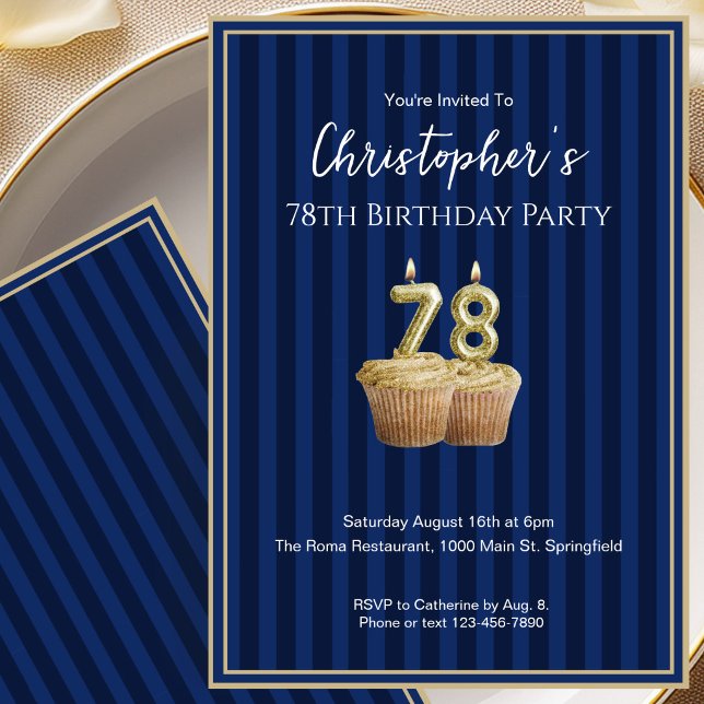 Unique Blue Gold 78th Birthday Invitation For Him (Creator Uploaded)