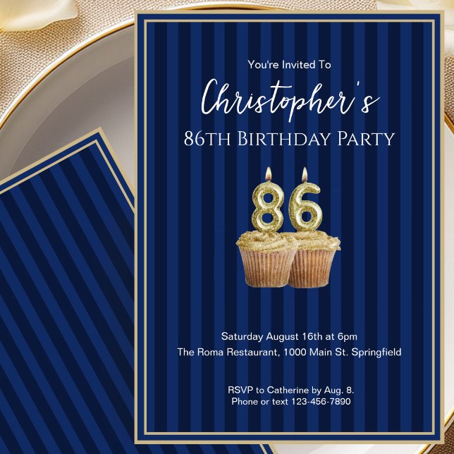 Unique Blue Gold 86th Birthday Invitation For Him (Creator Uploaded)