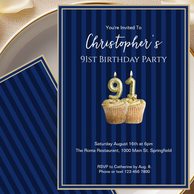 Unique Blue Gold 91st Birthday Invitation For Him (Creator Uploaded)