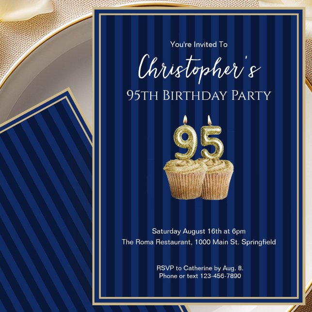 Unique Blue Gold 95th Birthday Invitation For Him (Creator Uploaded)