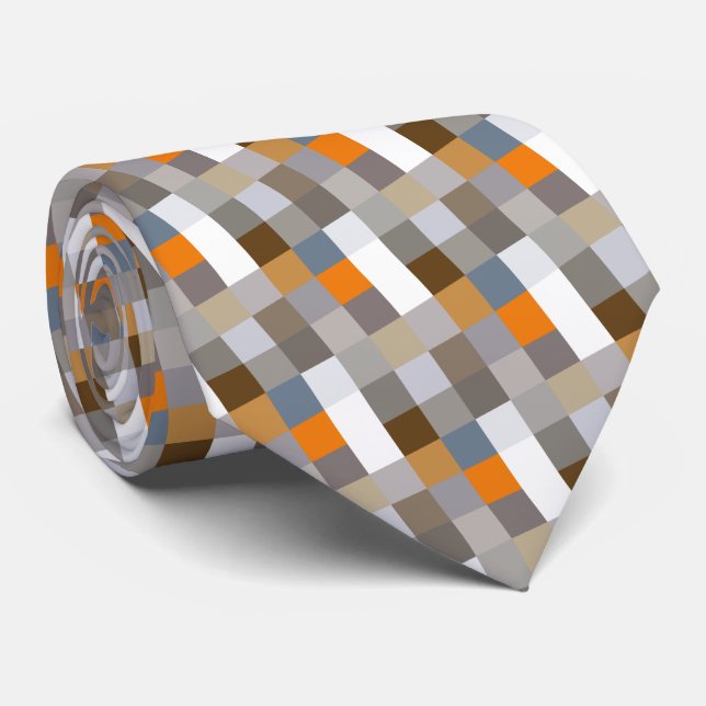 Unique Blue Grey Orange Taupe Brown Pixels Art Tie (Rolled)