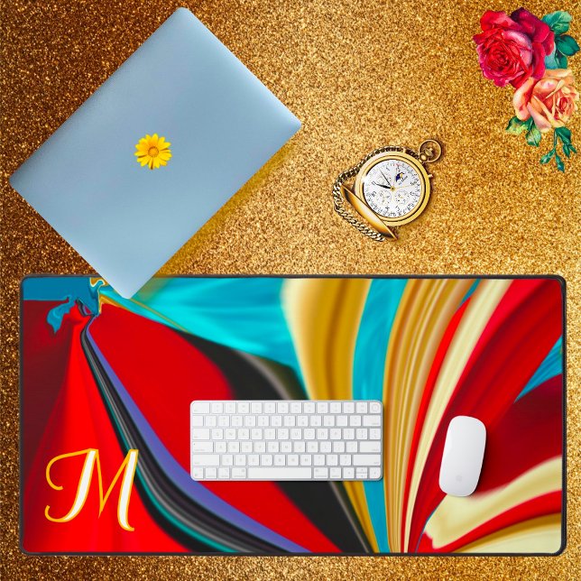 Unique Blue Red Gold Monogram Liquified Abstract  Desk Mat (Creator Uploaded)