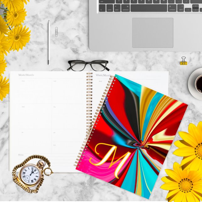 Unique Blue Red Gold Monogramme Liquified Abstrait (Créateur téléchargé)