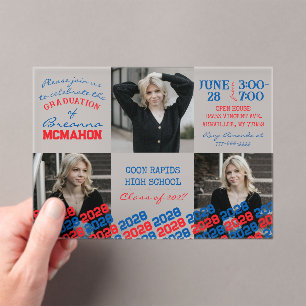 Unique Blue & Red Graduation 3 Photo Frosted  Acrylic Invitations