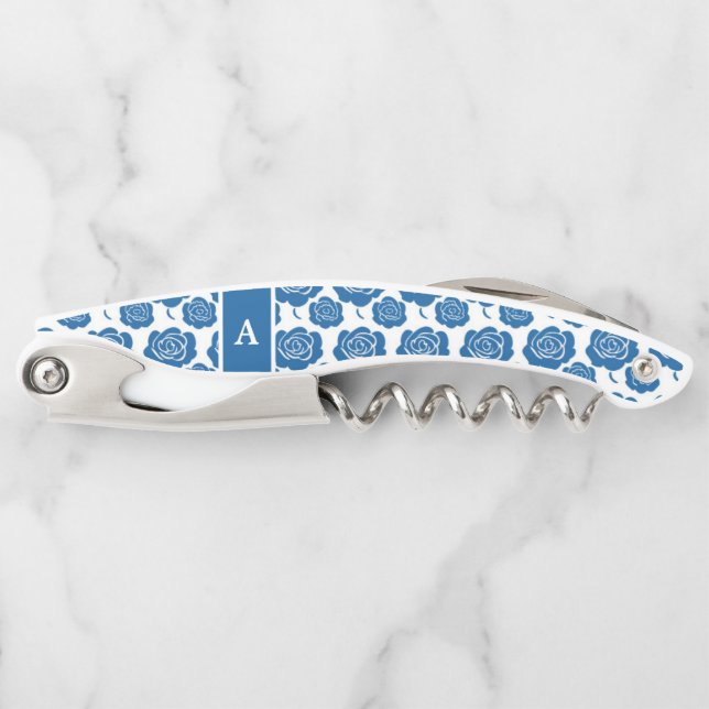Unique Blue Rose Pattern Initial Letter Corkscrew (Front)
