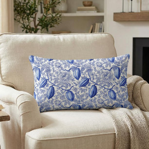 Unique Blue Toile Cocoa Chic Botanical Pattern Lumbar Pillow