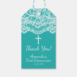 Unique Blue Vintage Lace First Communion Gift Tag