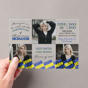 Unique Blue & Yellow Graduation 3 Photo Frosted Acrylic Invitations