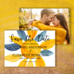 Unique Blue Yellow Wedding Photo Save Date  Save The Date<br><div class="desc">Unique and artistic blue and yellow watercolor flower wedding Save the Date card. Personalized with your photo on the back. Purchase printed copies or order digital to share with friends and family through email or on your social media.</div>