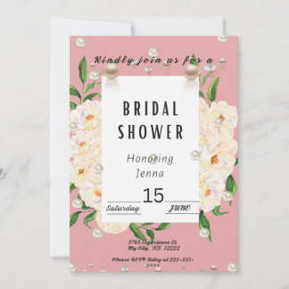 Unique Blush Pink Flowers and Pearls Bridal Invitation