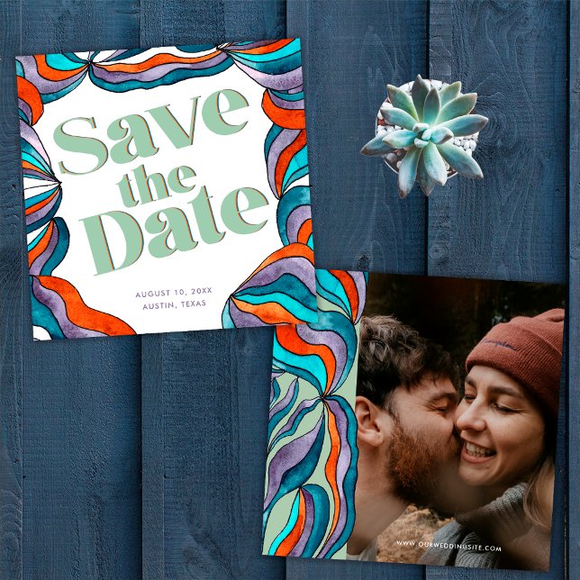 Unique Bold Boho Groovy Retro Green Wavy Photo Save The Date (Front and Back)