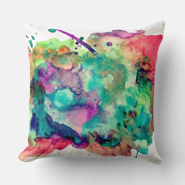 Unique, Bold, Colourful Watercolor Paint Splatters Throw Pillow (Front)