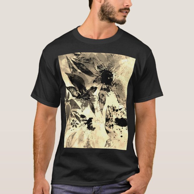 Unique Botanical Artistic Golden Tropical Flowers T-Shirt (Front)