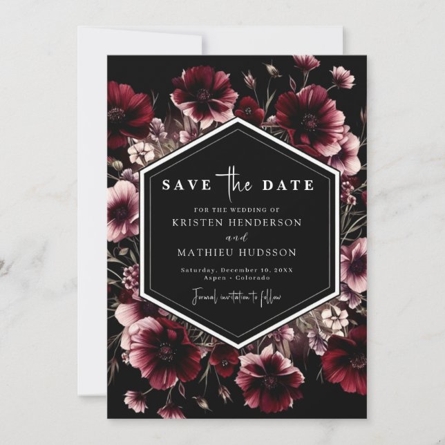Unique Botanical Burgundy Wedding Save The Date (Front)